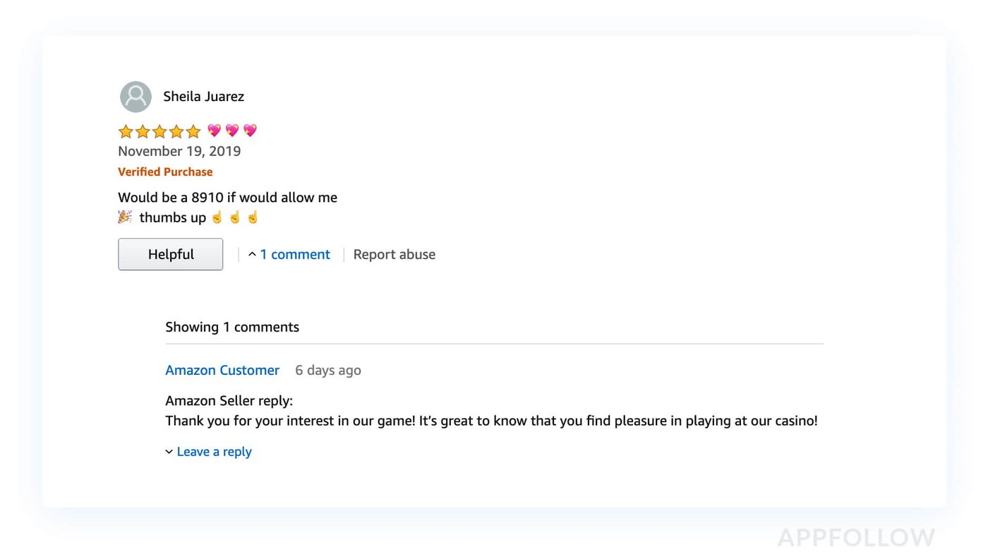 Example of review response on amazon.com